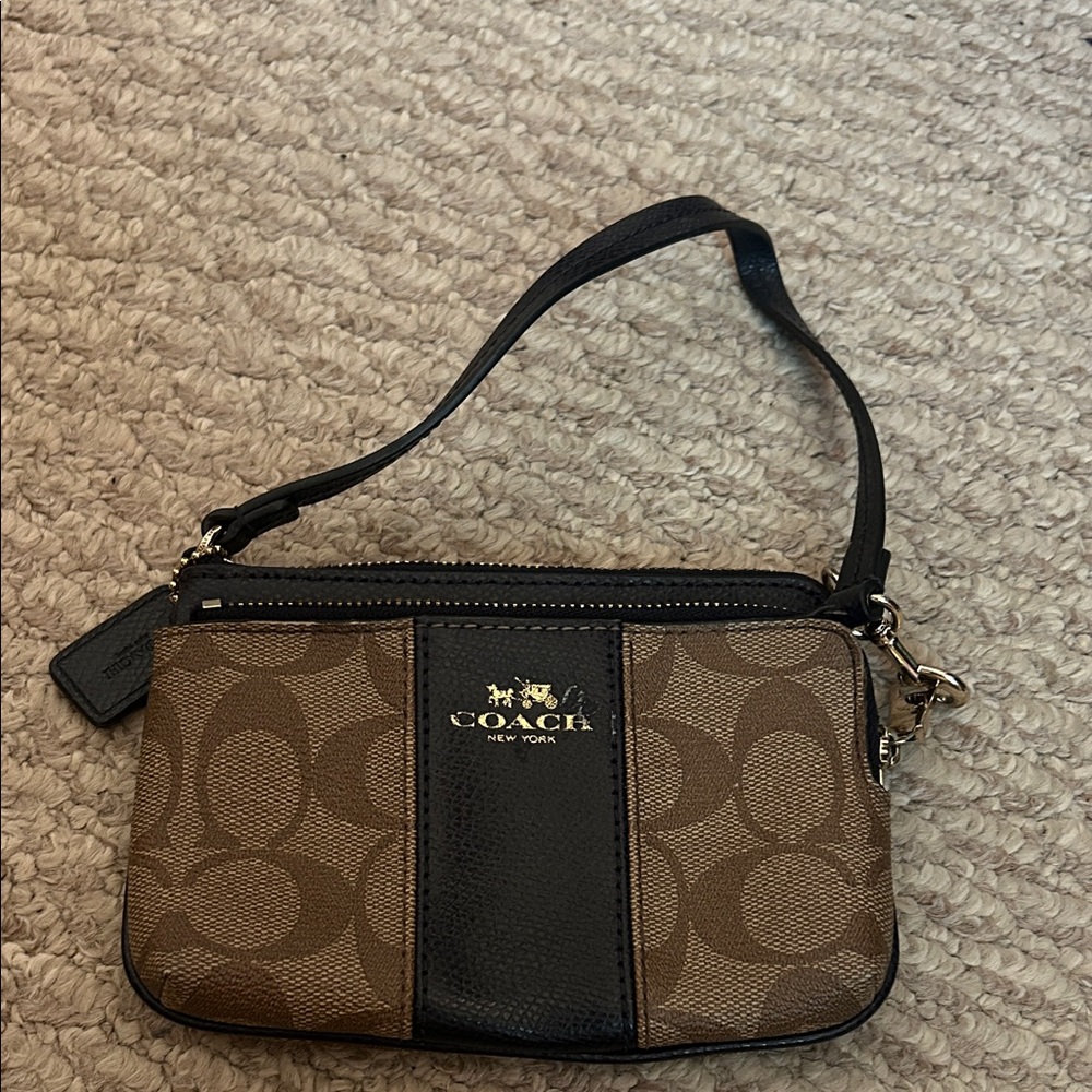 Coach Brown Signature Canvas Wristlet with Black Trim
